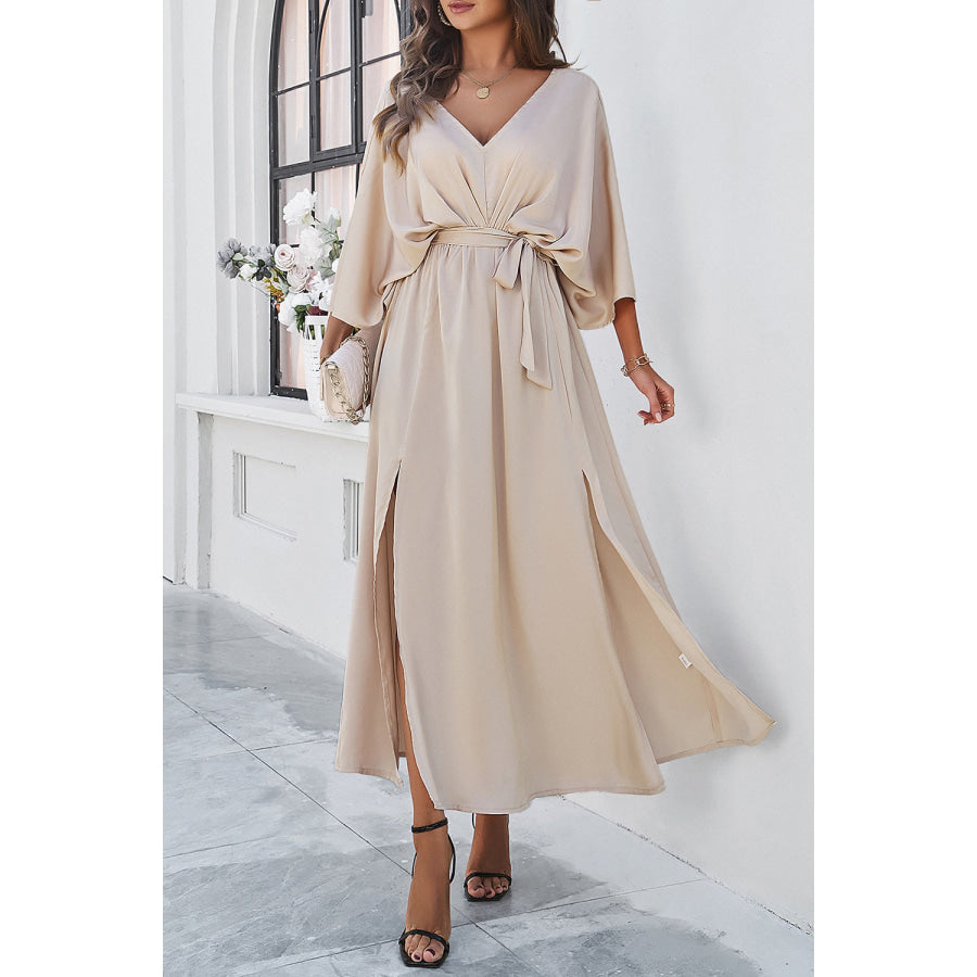 Devine Slit Tied V-Neck Three-Quarter Sleeve Dress Tan / S Apparel and Accessories