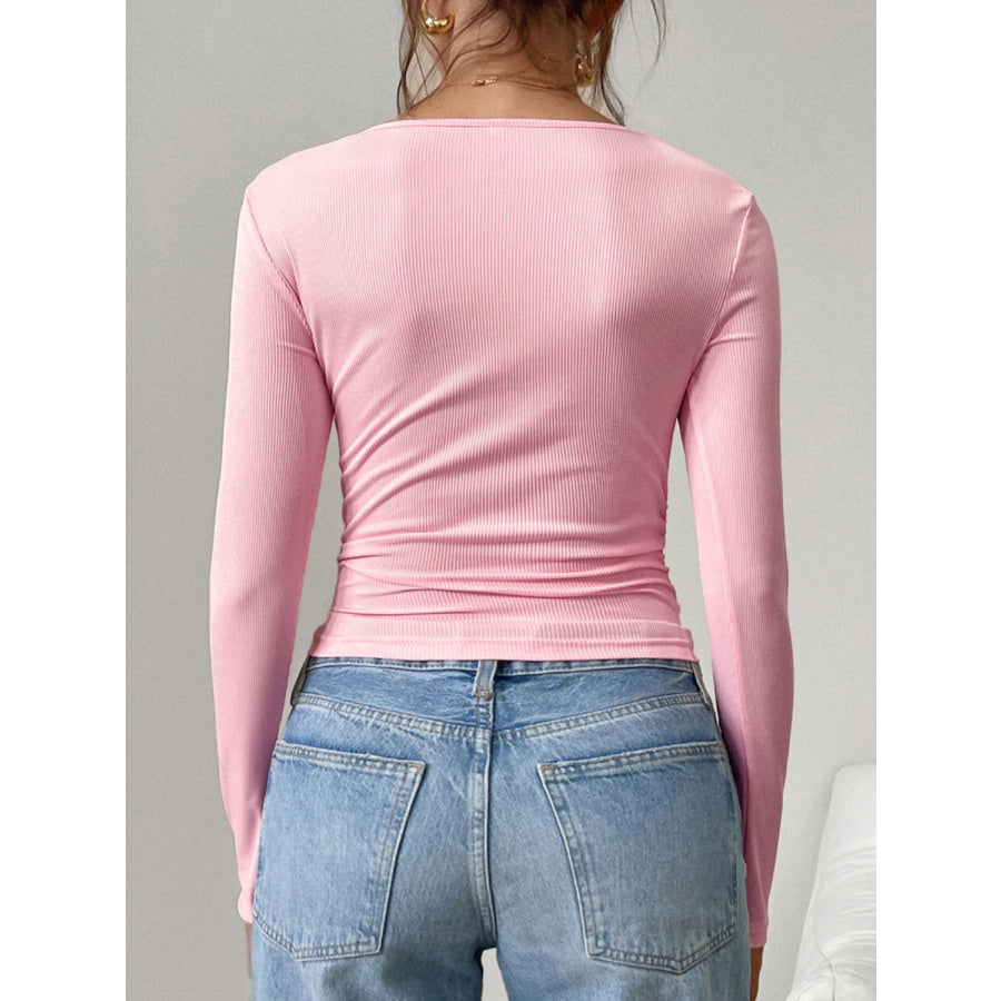 Devine Square Neck Half Snap Long Sleeve T-Shirt Pink / S Apparel and Accessories