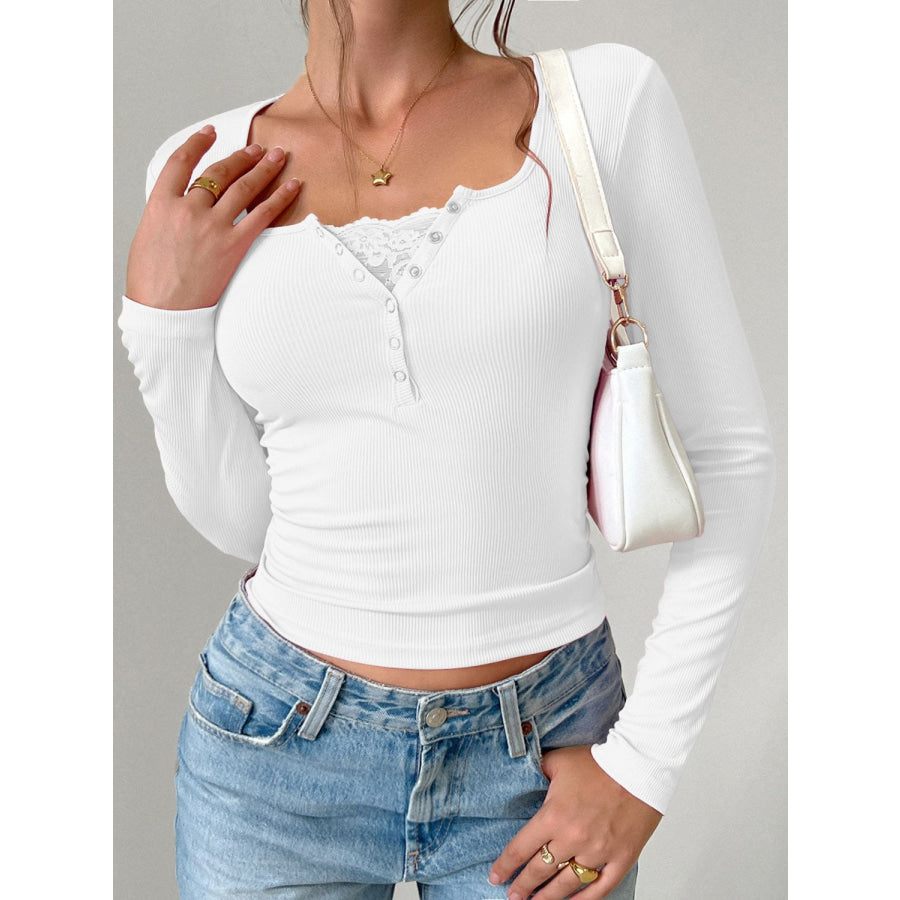 Devine Square Neck Half Snap Long Sleeve T-Shirt White / S Apparel and Accessories