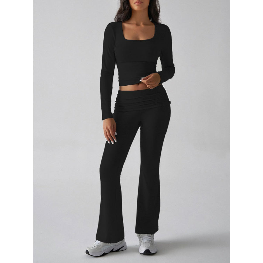 Devine Square Neck Long Sleeve Top and Pants Set Black / S Apparel and Accessories