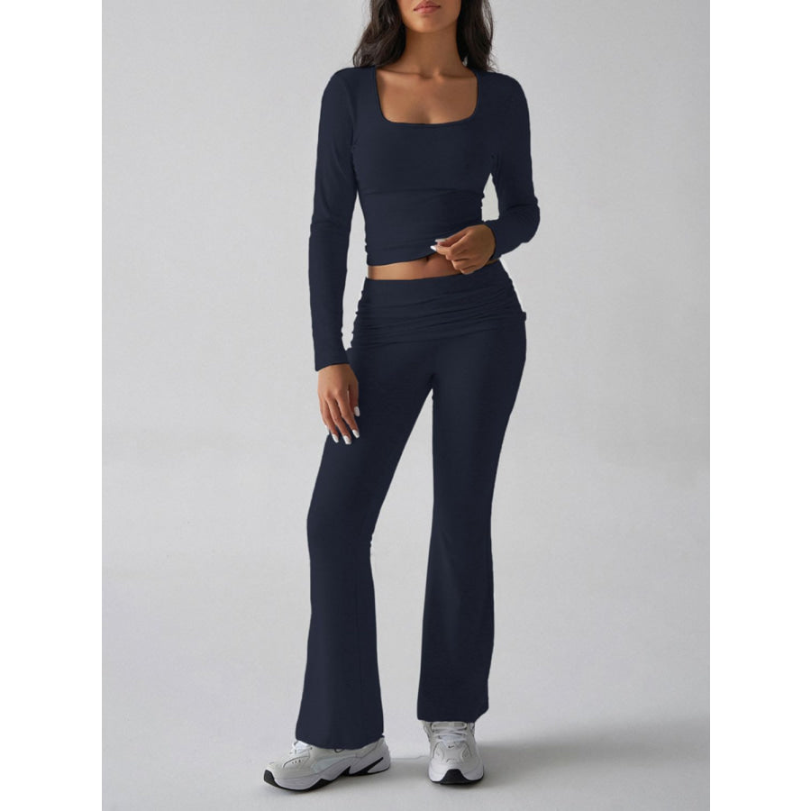 Devine Square Neck Long Sleeve Top and Pants Set Dark Blue / S Apparel and Accessories