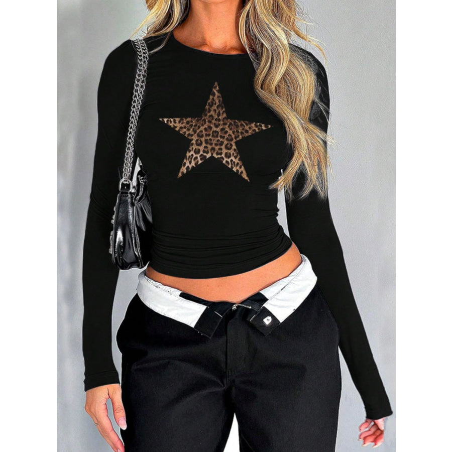 Devine Star Round Neck Long Sleeve T-Shirt Black / S Apparel and Accessories