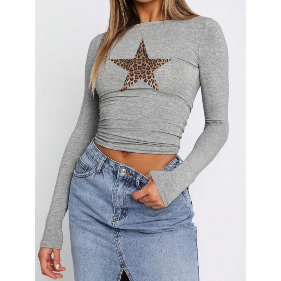 Devine Star Round Neck Long Sleeve T-Shirt Gray / S Apparel and Accessories