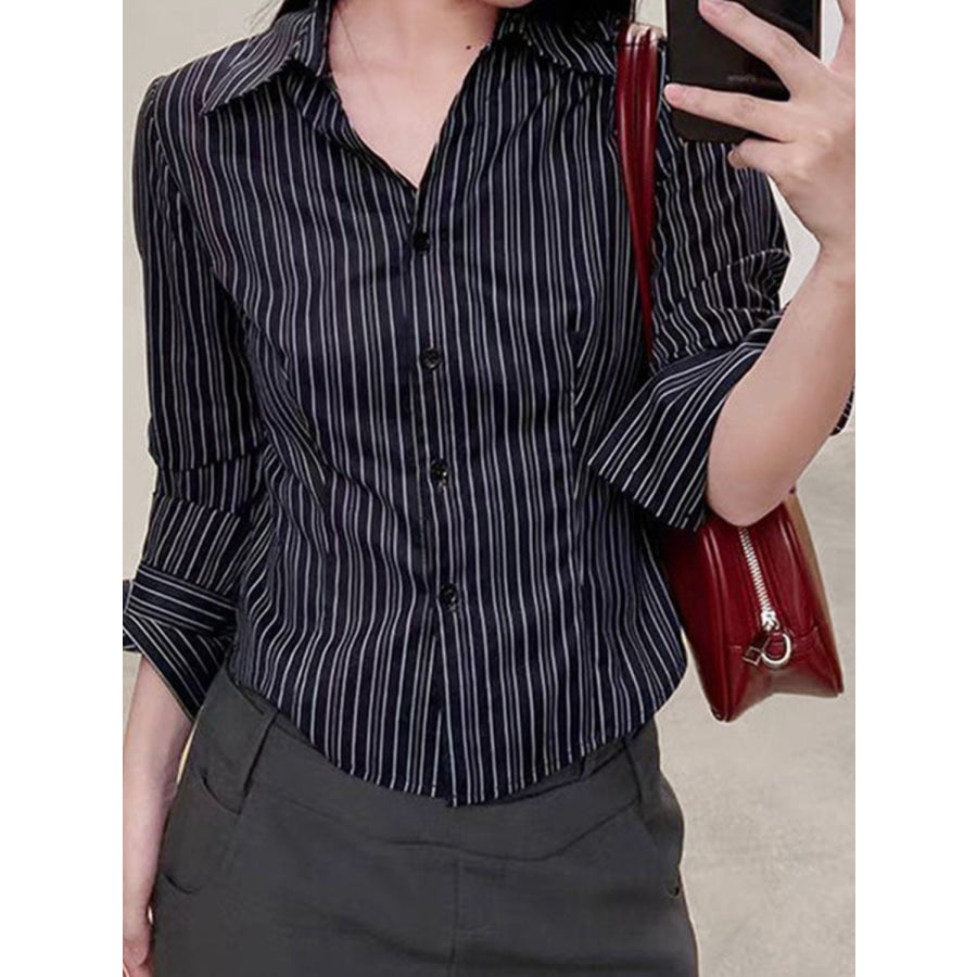 Devine Striped Collared Neck Long Sleeve Shirt Apparel and Accessories