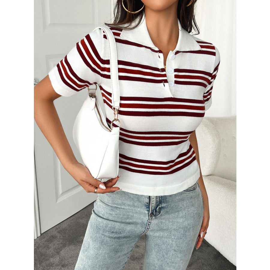 Devine Striped Collared Neck Short Sleeve T-Shirt Apparel and Accessories