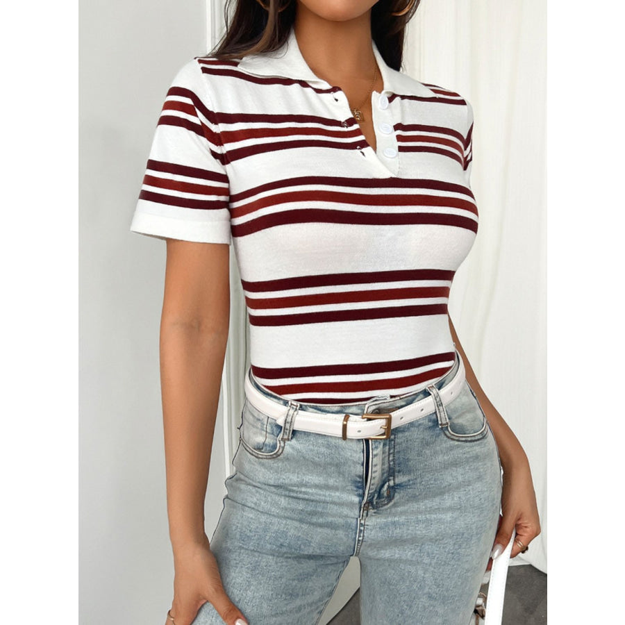 Devine Striped Collared Neck Short Sleeve T-Shirt Apparel and Accessories