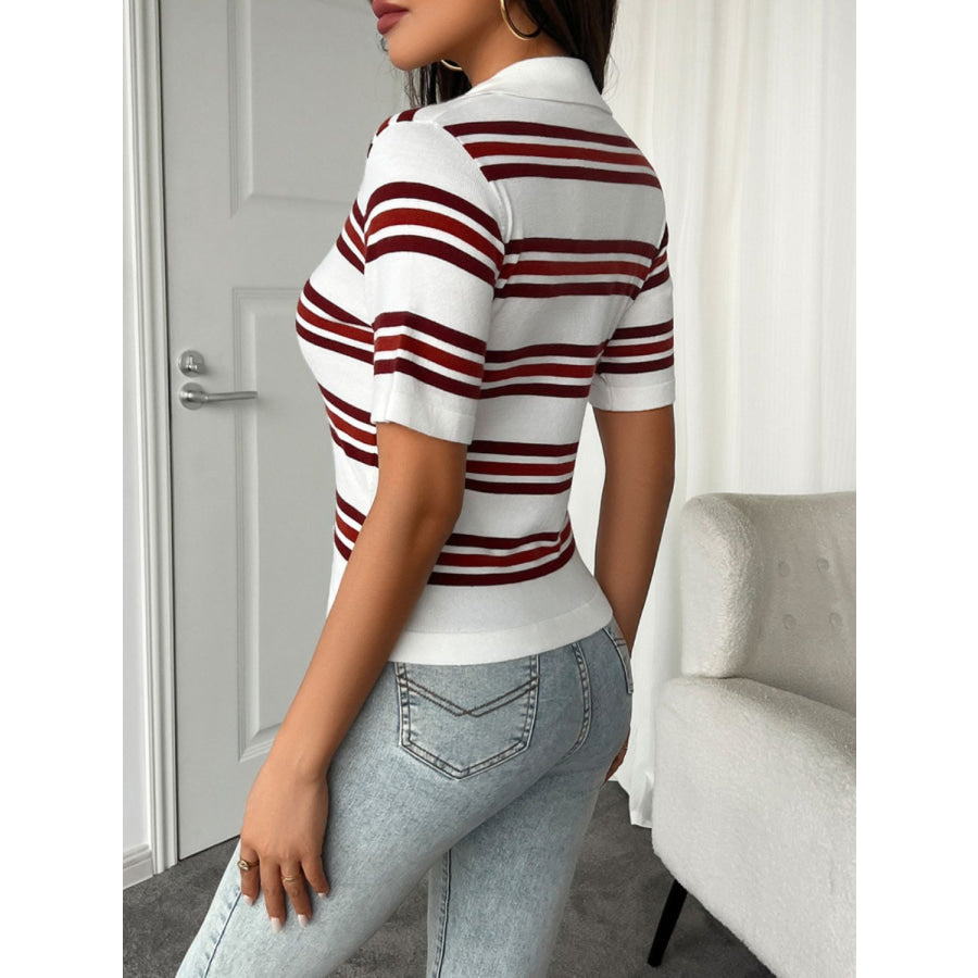 Devine Striped Collared Neck Short Sleeve T-Shirt Apparel and Accessories