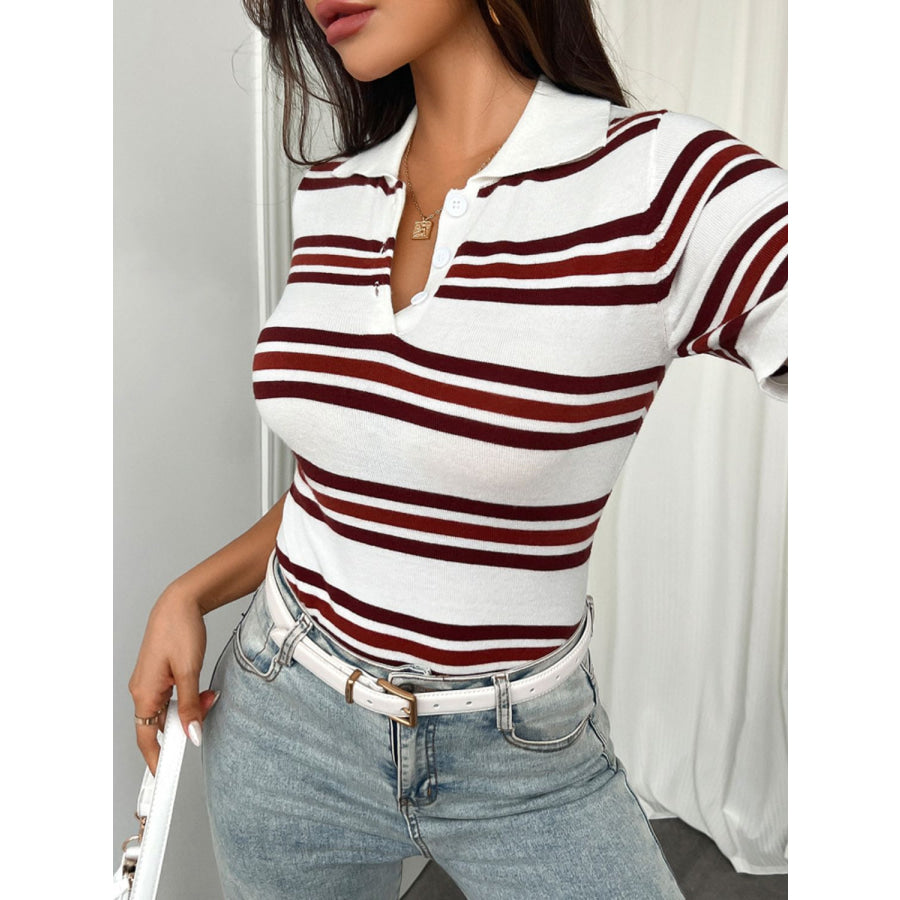 Devine Striped Collared Neck Short Sleeve T-Shirt Apparel and Accessories