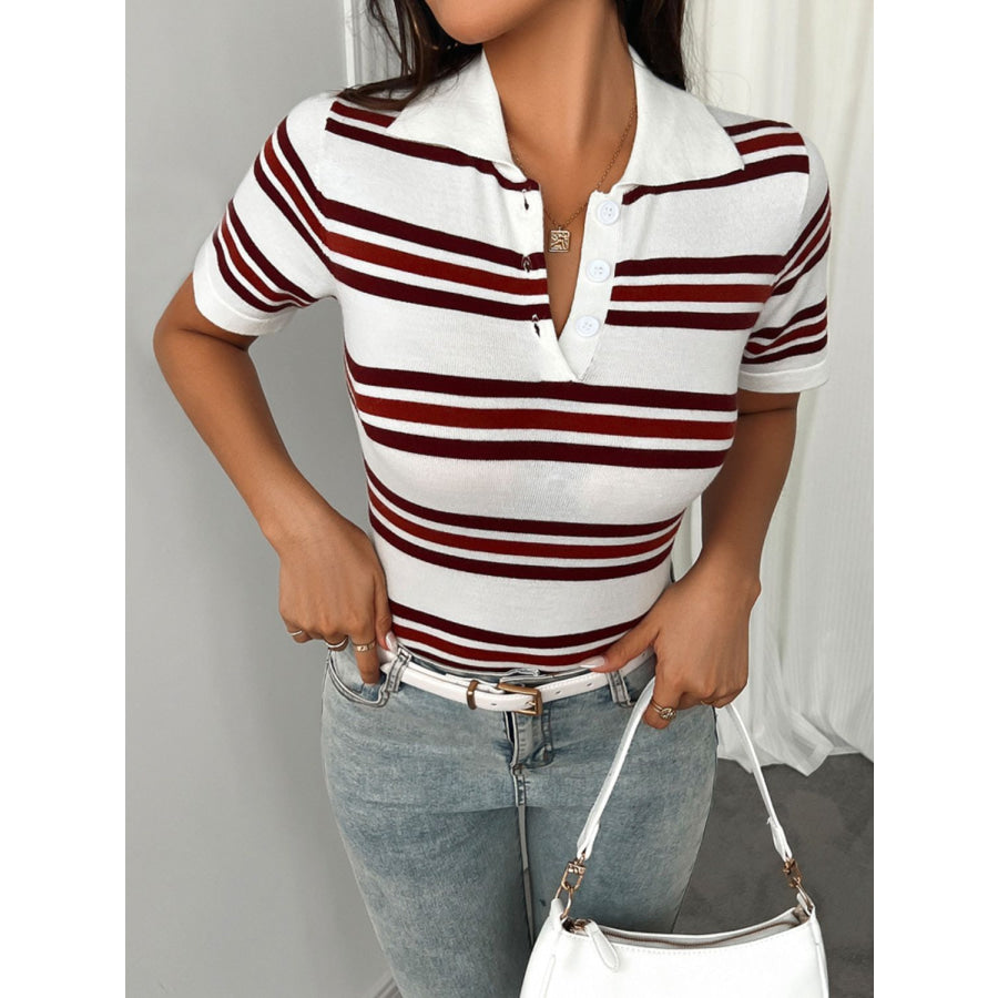 Devine Striped Collared Neck Short Sleeve T-Shirt Apparel and Accessories