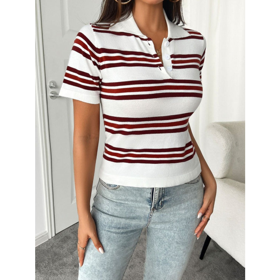 Devine Striped Collared Neck Short Sleeve T-Shirt White / S Apparel and Accessories