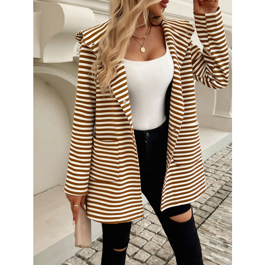 Devine Striped Long Sleeve Hooded Outerwear Brown / S Apparel and Accessories