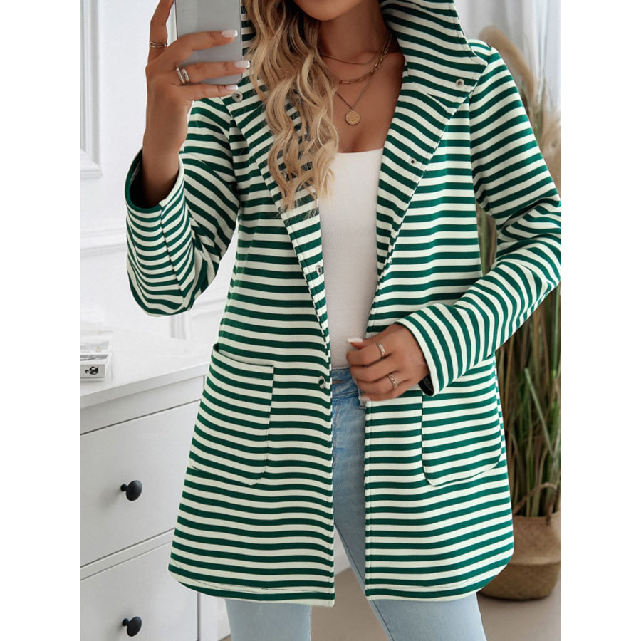 Devine Striped Long Sleeve Hooded Outerwear Dark Green / S Apparel and Accessories