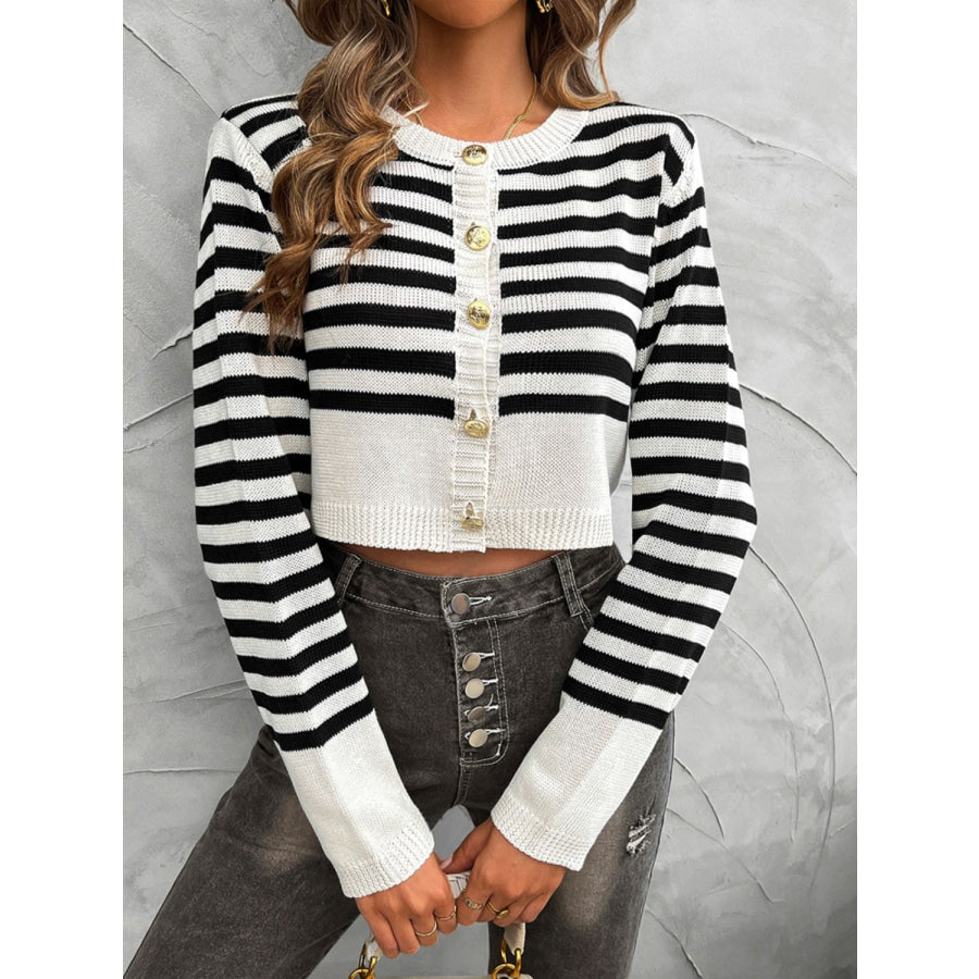 Devine Striped Round Neck Button Down Cardigan Apparel and Accessories