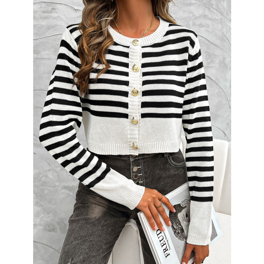 Devine Striped Round Neck Button Down Cardigan Apparel and Accessories