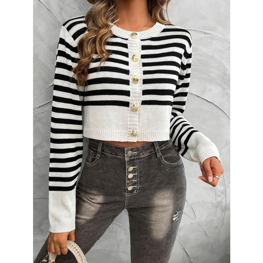 Devine Striped Round Neck Button Down Cardigan Black/White / S Apparel and Accessories