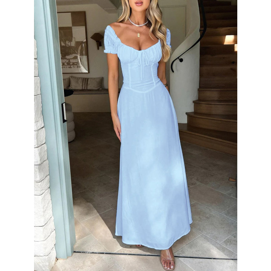 Devine Sweetheart Neck Short Sleeve Maxi Dress Light Blue / S Apparel and Accessories