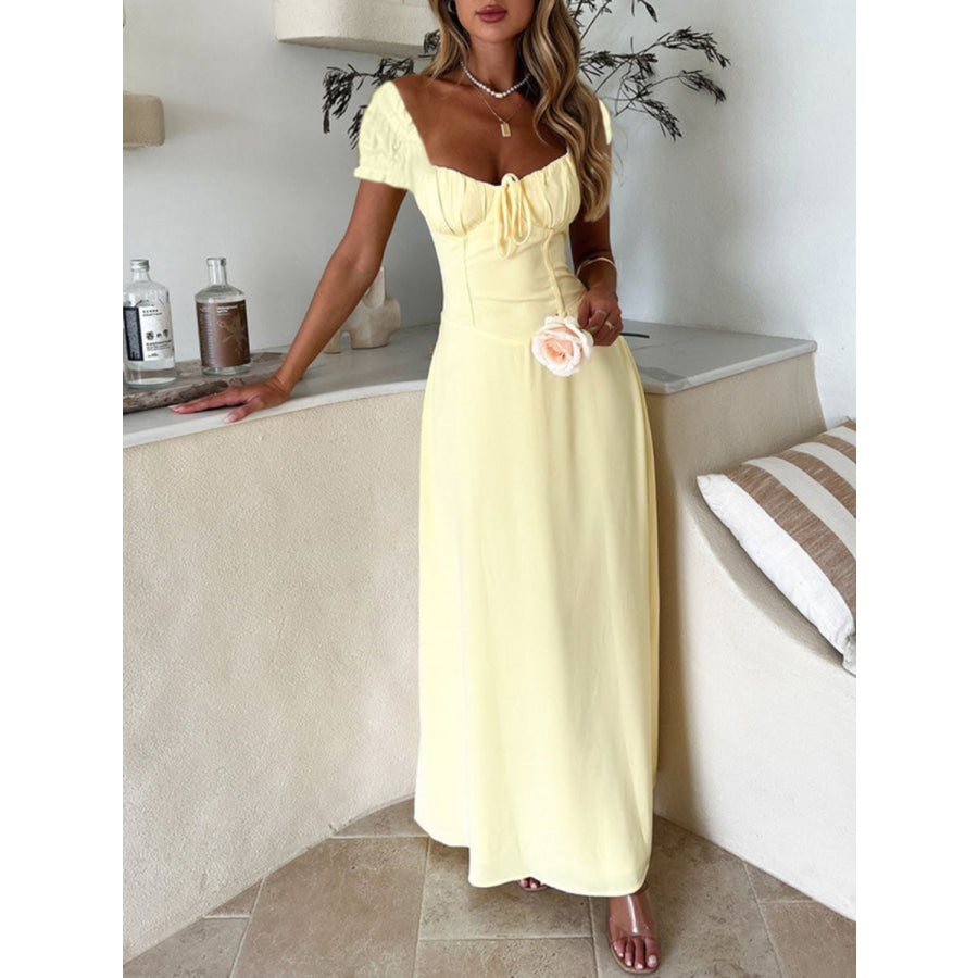 Devine Sweetheart Neck Short Sleeve Maxi Dress Light Yellow / S Apparel and Accessories