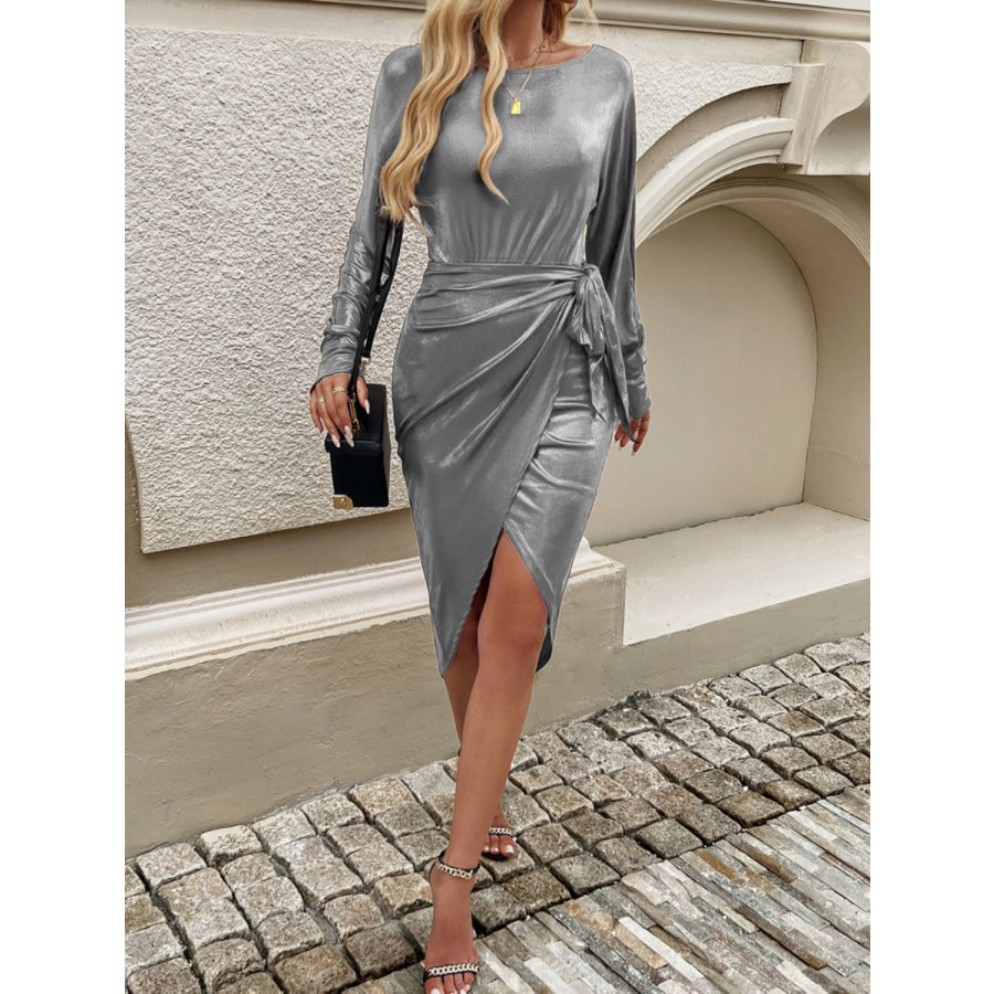 Devine Tied Boat Neck Long Sleeve Dress Apparel and Accessories