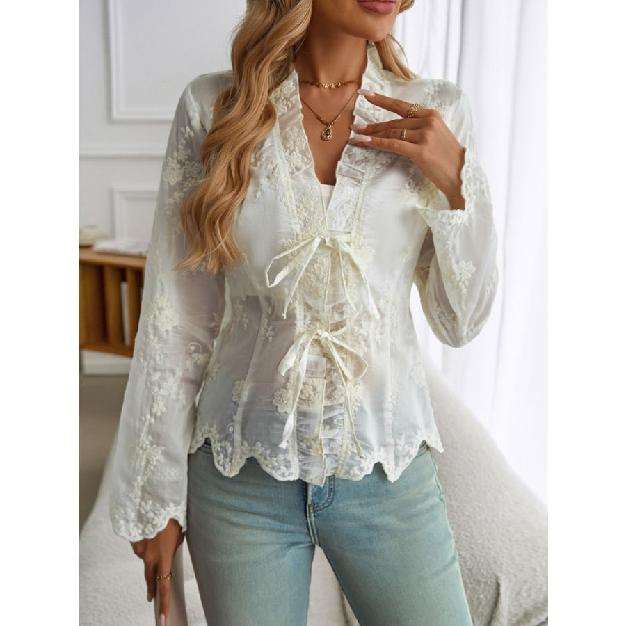 Devine Tied Frill V-Neck Long Sleeve Lace Top Apparel and Accessories