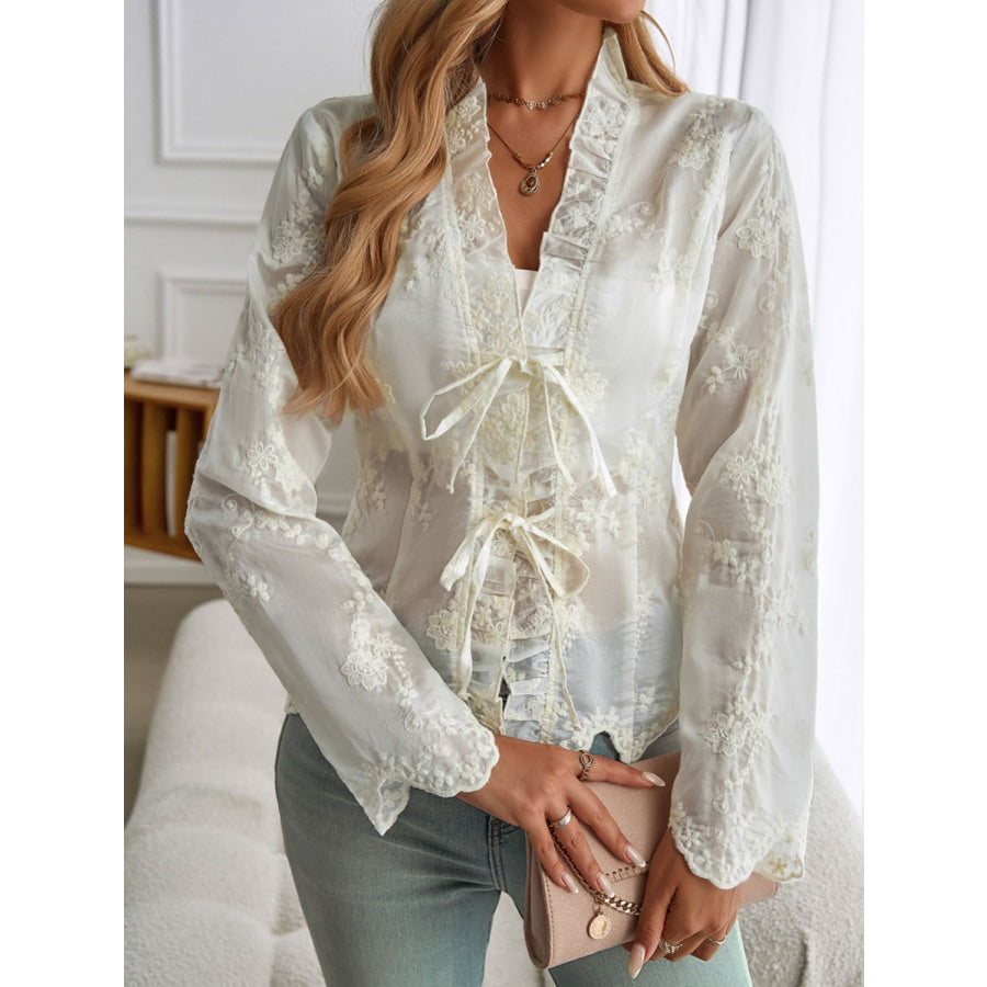 Devine Tied Frill V-Neck Long Sleeve Lace Top Apparel and Accessories