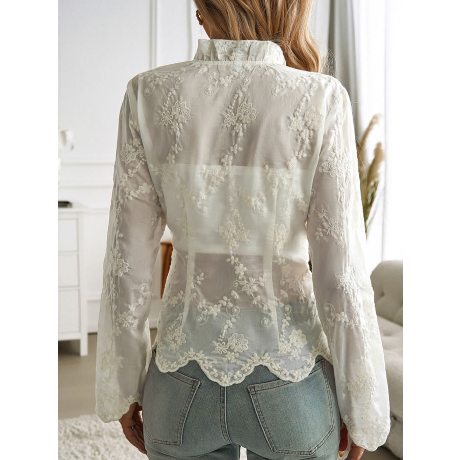 Devine Tied Frill V-Neck Long Sleeve Lace Top Apparel and Accessories