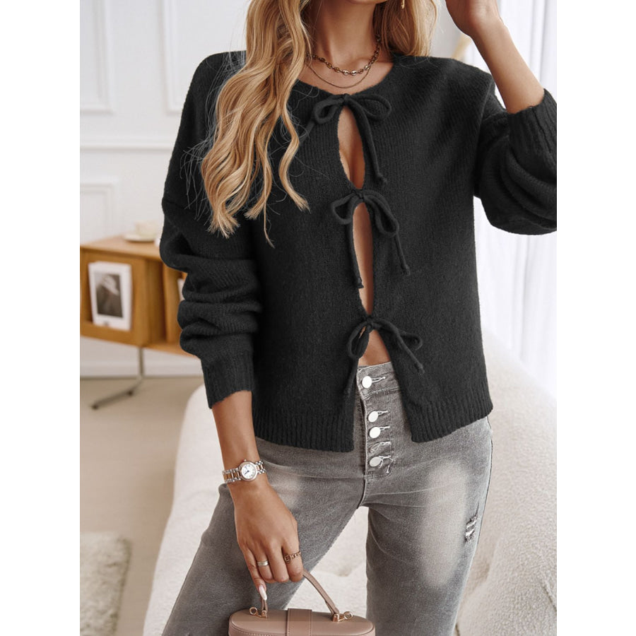 Devine Tied Round Neck Dropped Shoulder Cardigan Apparel and Accessories