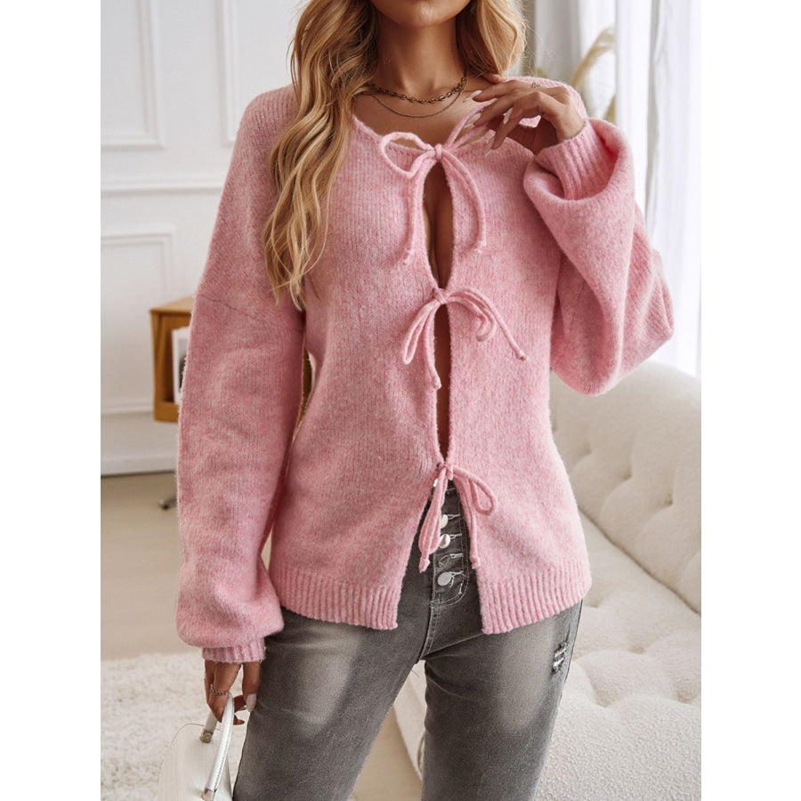 Devine Tied Round Neck Dropped Shoulder Cardigan Apparel and Accessories