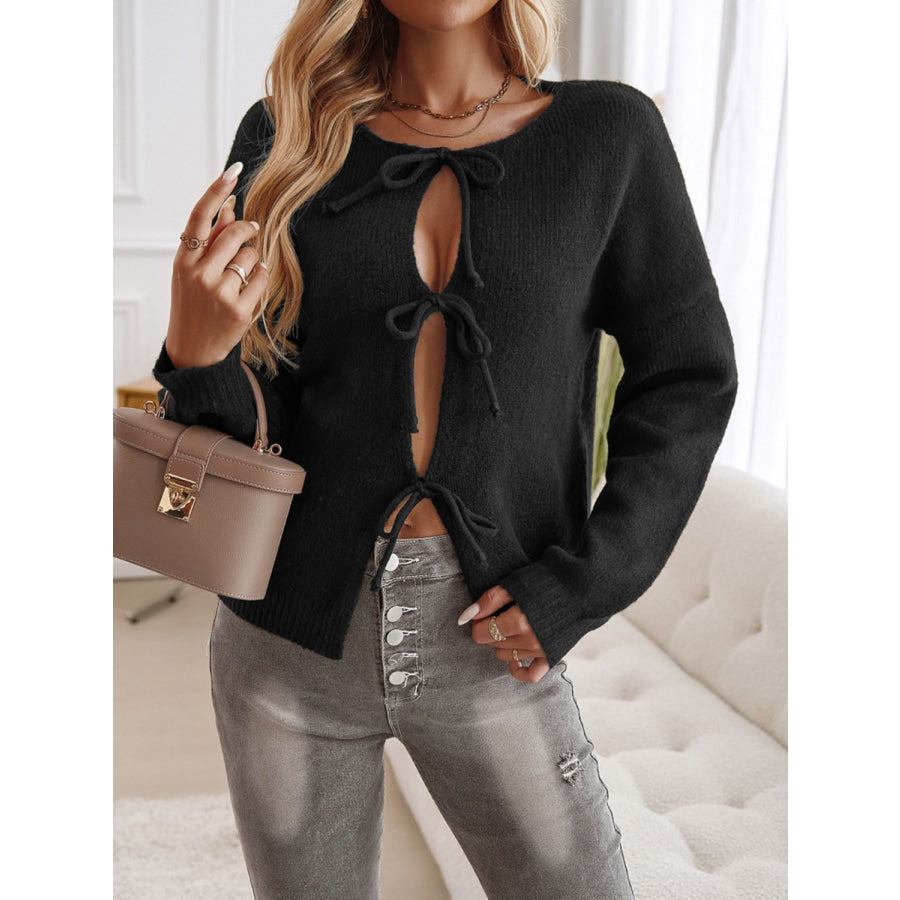 Devine Tied Round Neck Dropped Shoulder Cardigan Apparel and Accessories