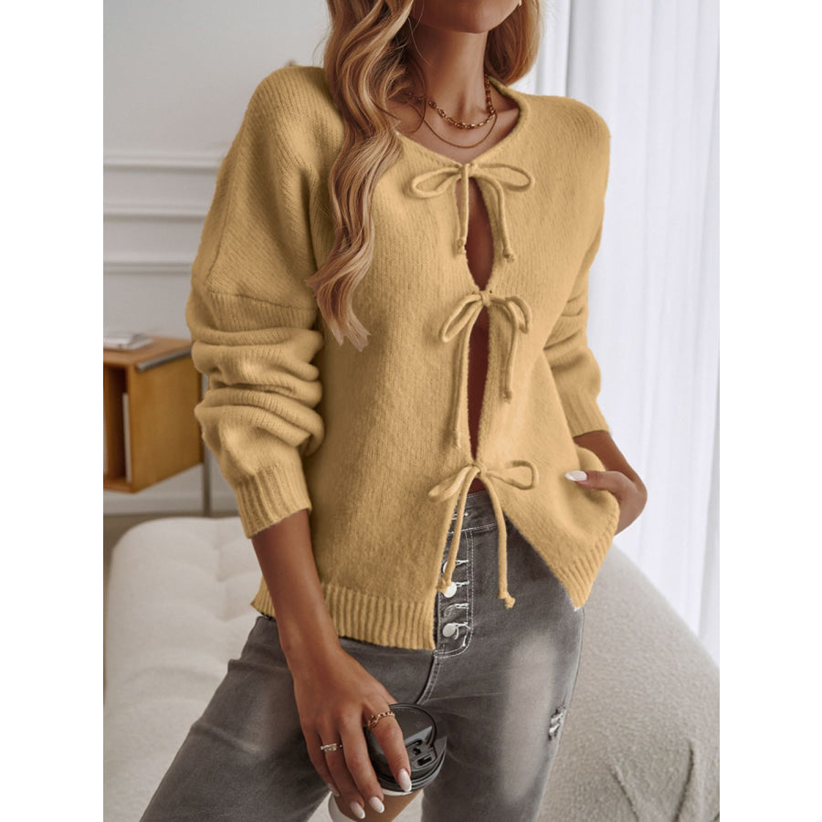 Devine Tied Round Neck Dropped Shoulder Cardigan Apparel and Accessories