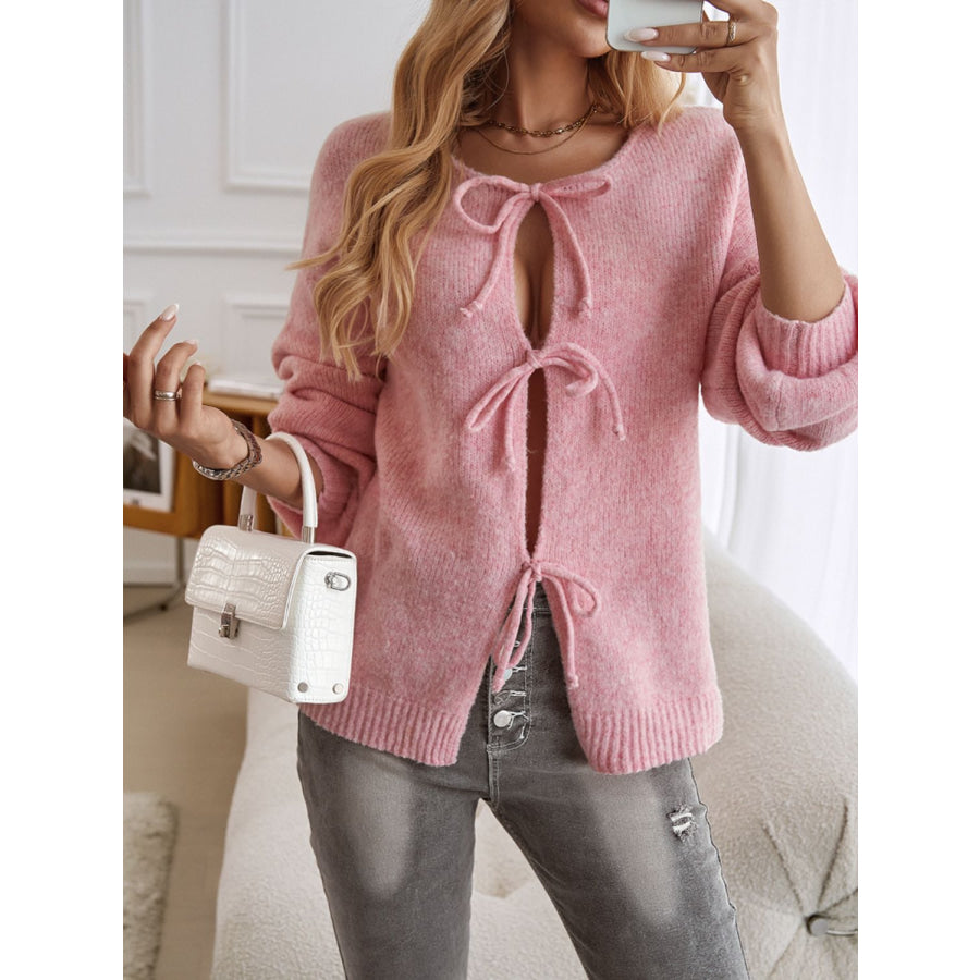 Devine Tied Round Neck Dropped Shoulder Cardigan Apparel and Accessories