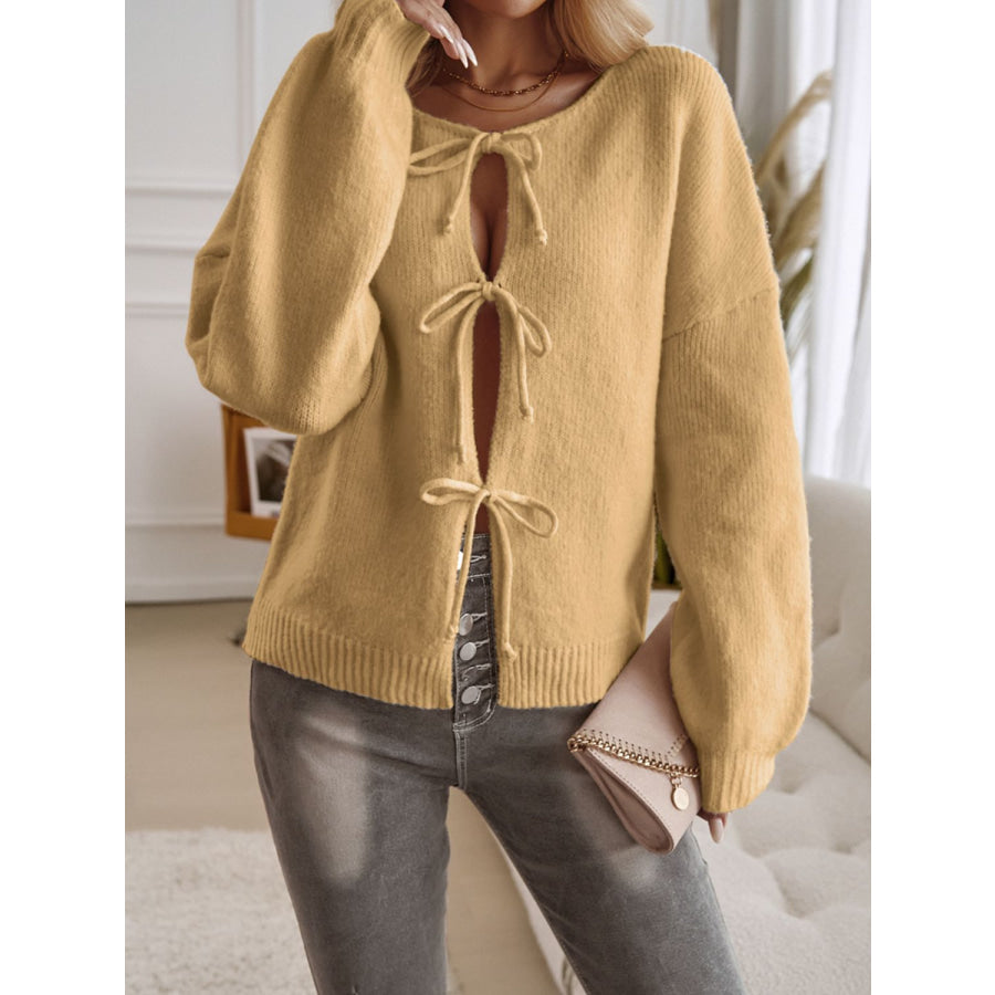 Devine Tied Round Neck Dropped Shoulder Cardigan Apparel and Accessories