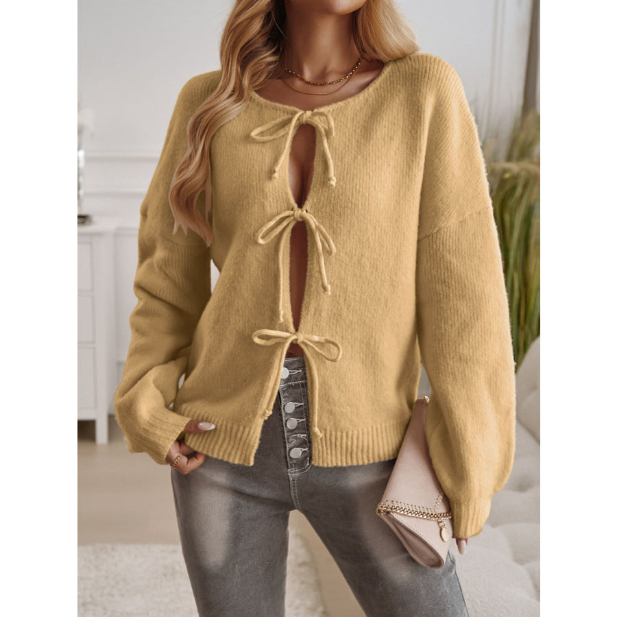 Devine Tied Round Neck Dropped Shoulder Cardigan Apparel and Accessories