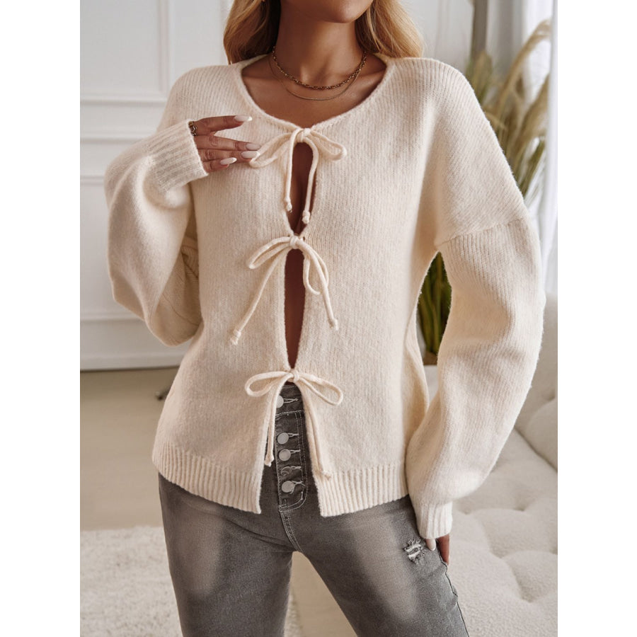 Devine Tied Round Neck Dropped Shoulder Cardigan Apparel and Accessories