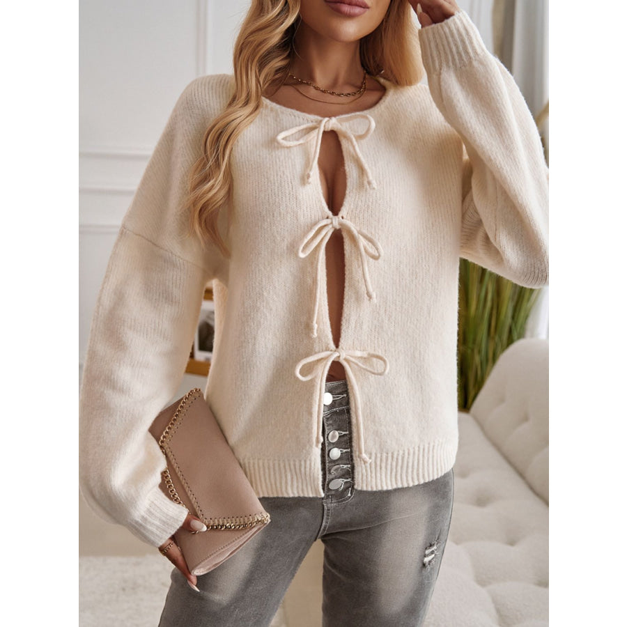 Devine Tied Round Neck Dropped Shoulder Cardigan Apparel and Accessories