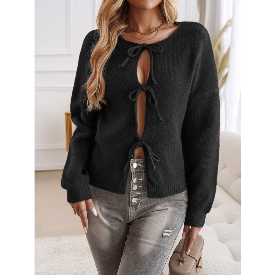 Devine Tied Round Neck Dropped Shoulder Cardigan Black / S Apparel and Accessories