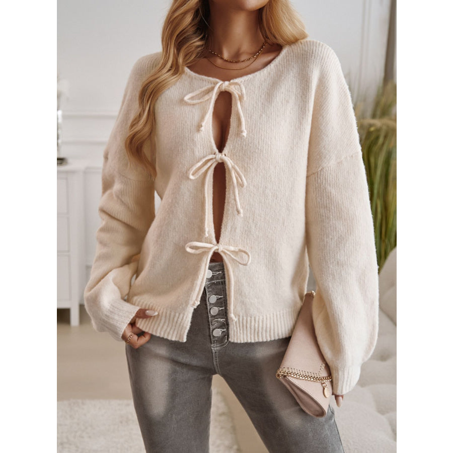 Devine Tied Round Neck Dropped Shoulder Cardigan Eggshell / S Apparel and Accessories