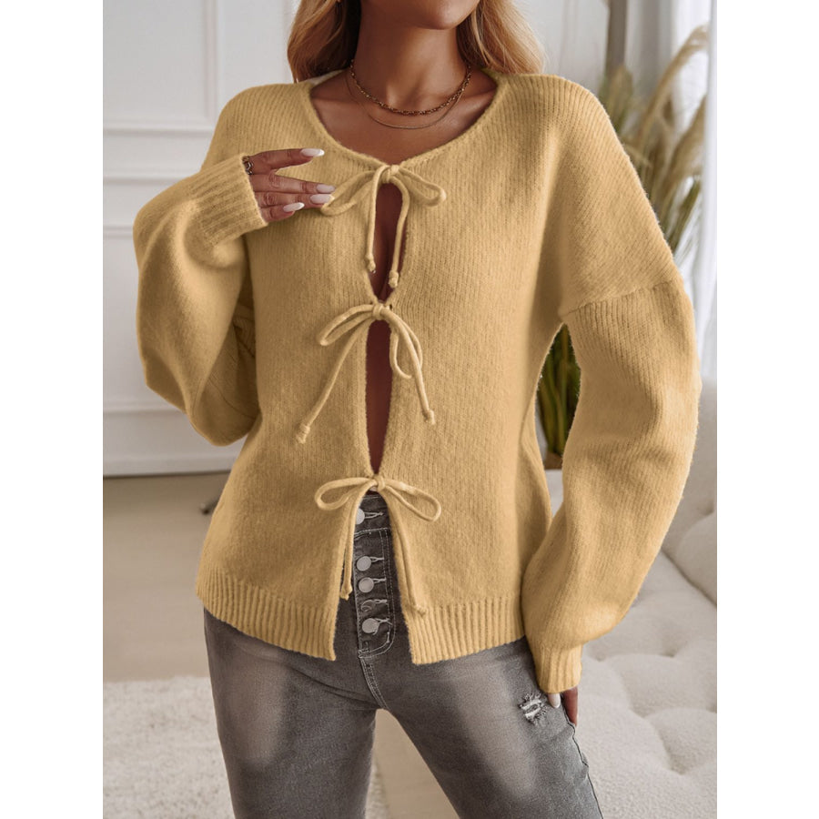 Devine Tied Round Neck Dropped Shoulder Cardigan Tan / S Apparel and Accessories