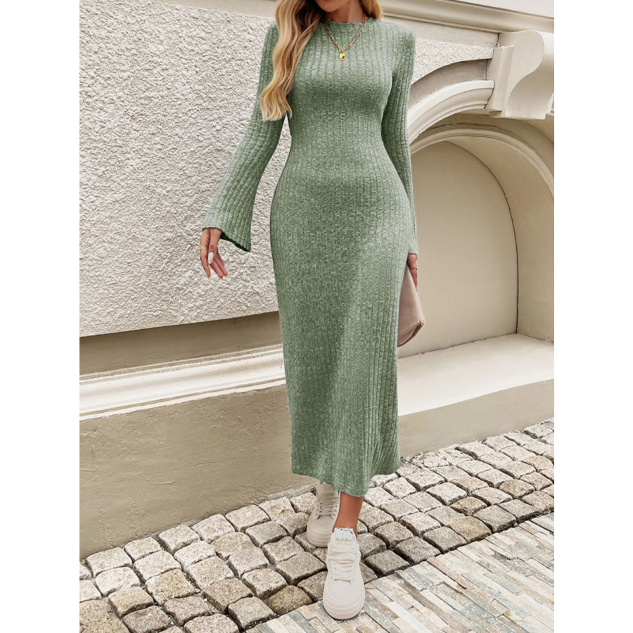 Devine Tied Round Neck Long Sleeve Midi Dress Apparel and Accessories