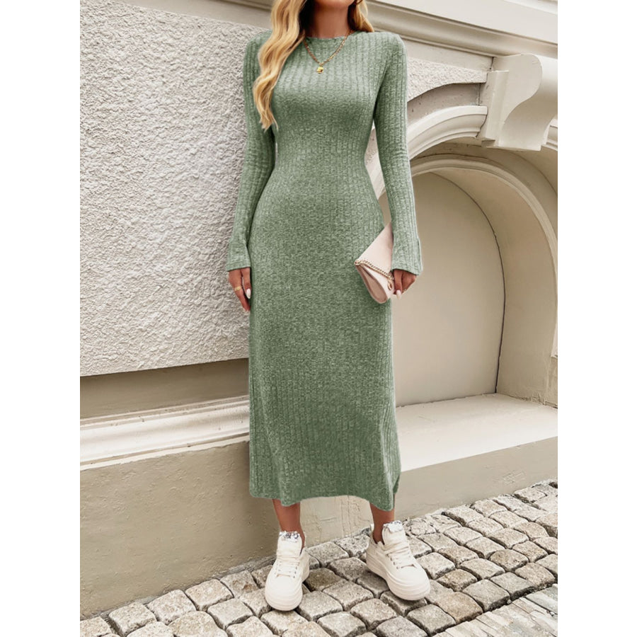 Devine Tied Round Neck Long Sleeve Midi Dress Apparel and Accessories