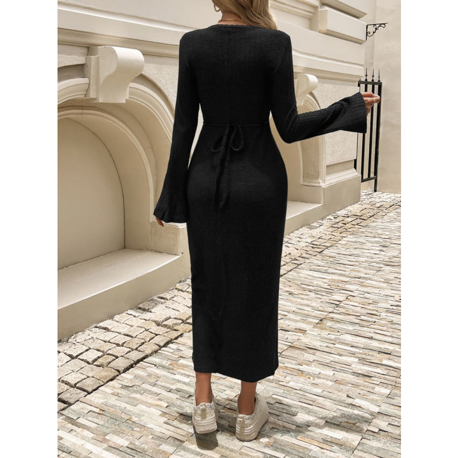 Devine Tied Round Neck Long Sleeve Midi Dress Apparel and Accessories