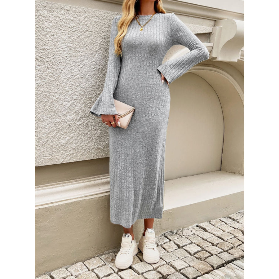 Devine Tied Round Neck Long Sleeve Midi Dress Apparel and Accessories