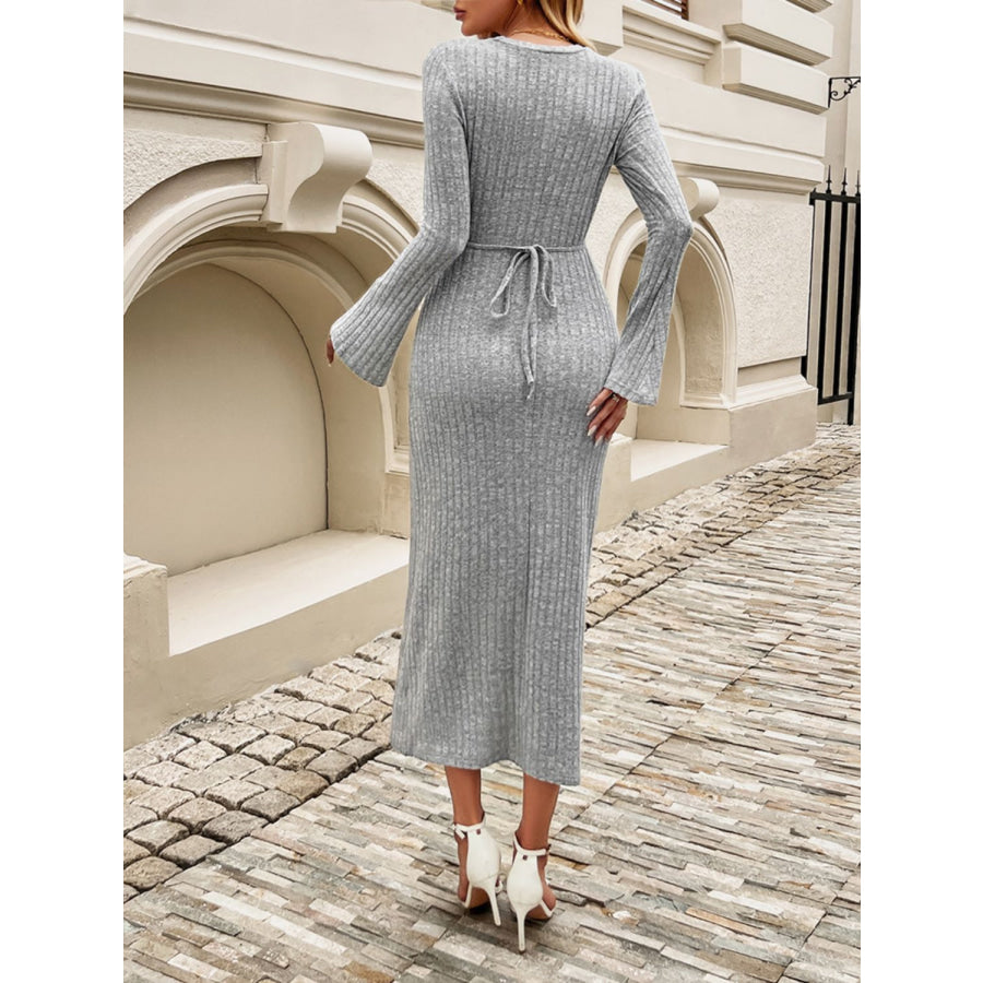 Devine Tied Round Neck Long Sleeve Midi Dress Apparel and Accessories