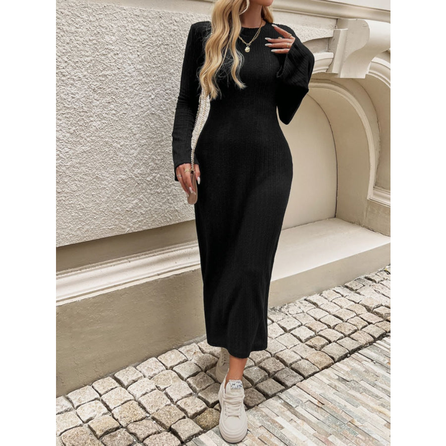 Devine Tied Round Neck Long Sleeve Midi Dress Apparel and Accessories