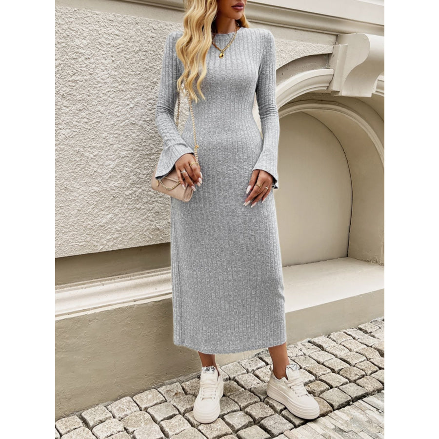 Devine Tied Round Neck Long Sleeve Midi Dress Apparel and Accessories