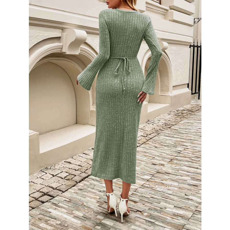 Devine Tied Round Neck Long Sleeve Midi Dress Apparel and Accessories