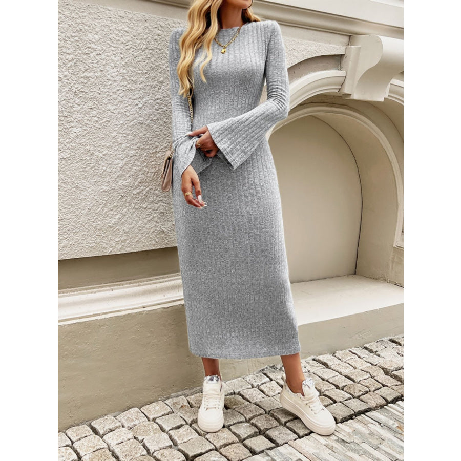 Devine Tied Round Neck Long Sleeve Midi Dress Apparel and Accessories