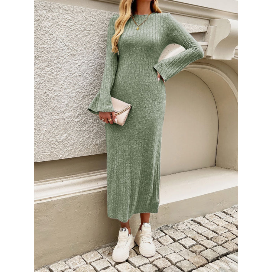 Devine Tied Round Neck Long Sleeve Midi Dress Apparel and Accessories