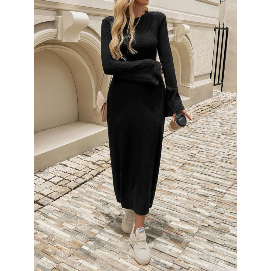 Devine Tied Round Neck Long Sleeve Midi Dress Apparel and Accessories