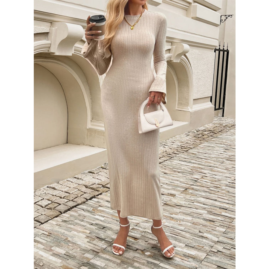 Devine Tied Round Neck Long Sleeve Midi Dress Apparel and Accessories