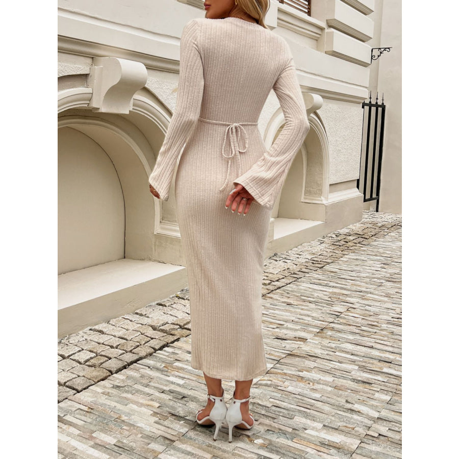 Devine Tied Round Neck Long Sleeve Midi Dress Dust Storm / S Apparel and Accessories